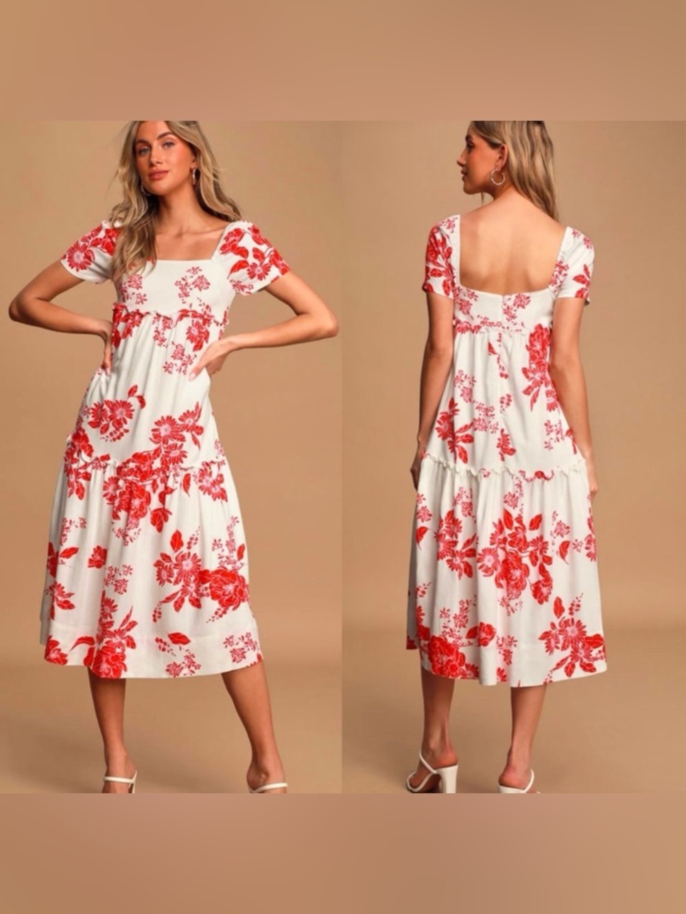 NEW LULUS On Island Time Red and White Floral Print Tiered Midi Dress XL